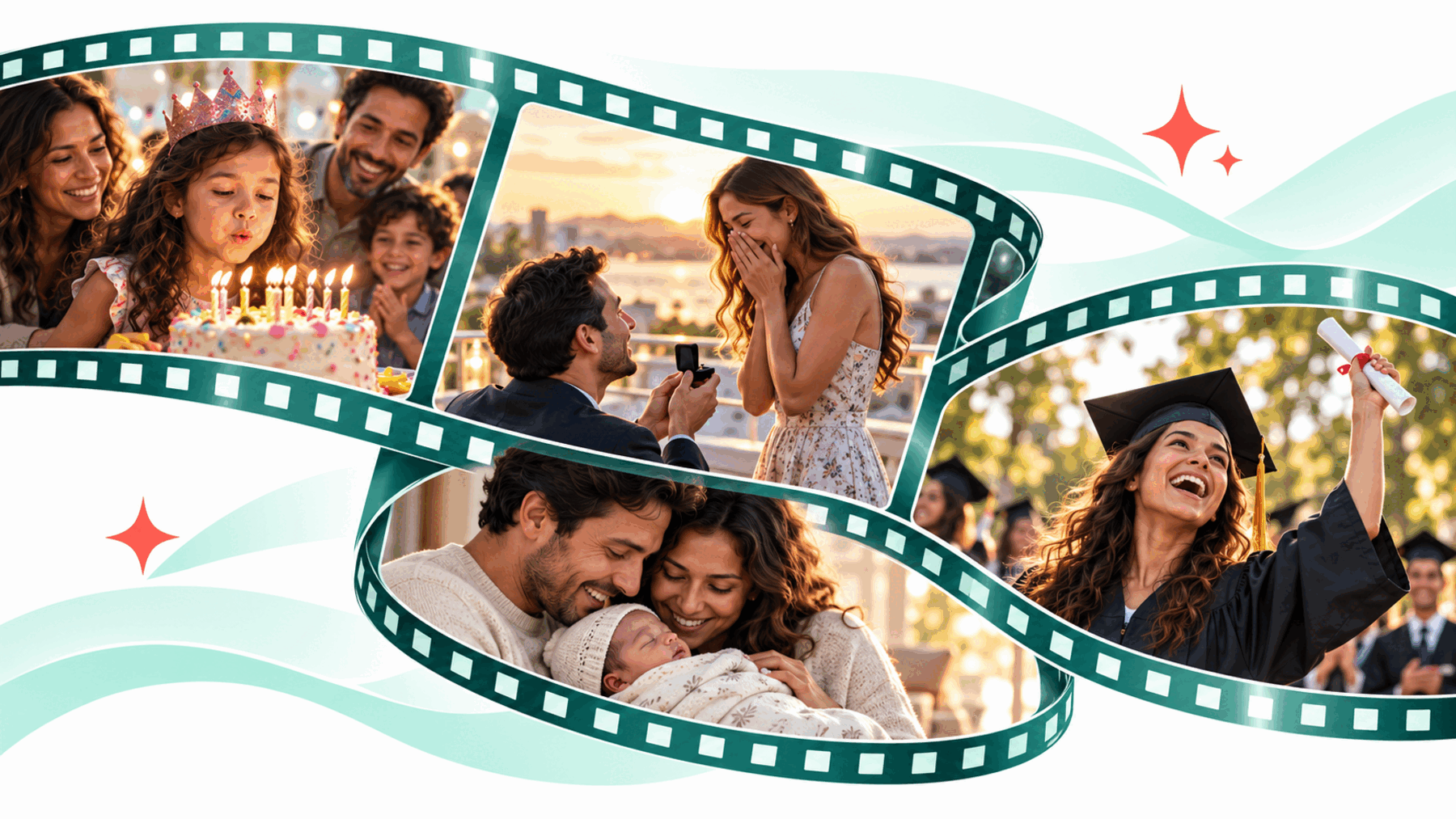 Birthday, engagement, baby and graduation moments in a cinematic filmstrip