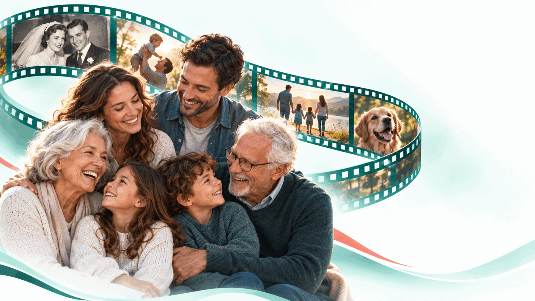 A grandmother and children surrounded by a family history filmstrip